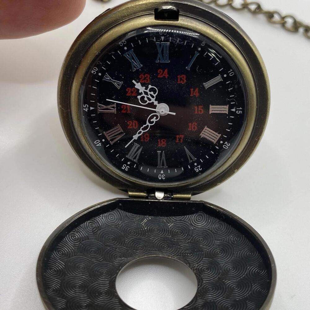 Antique Bronze 24-Hour Dial Pocket Watch with Chain - Roman Numerals